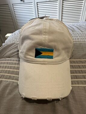 Robin Ruth White Cap with Bahamian Flag Embroidery